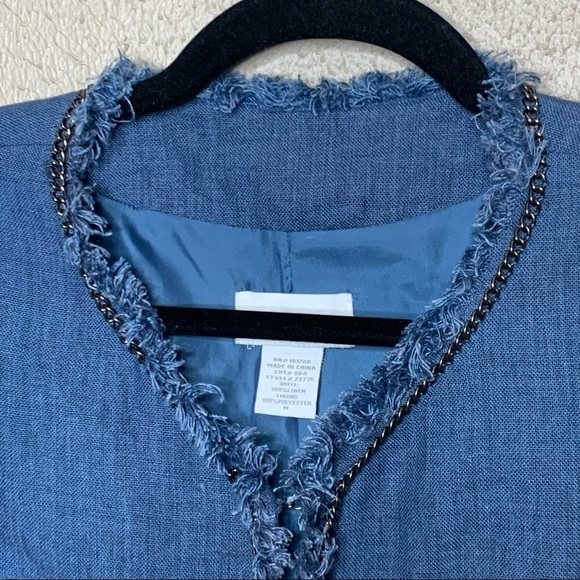 Soft Surroundings Womens M Blazer Jacket Blue 100% Linen Chain Trim Frayed Edge - Picture 4 of 9